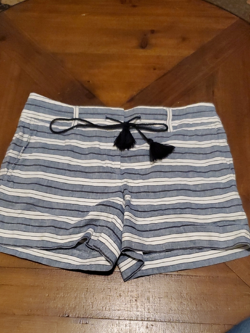 LOFT Navy and White Striped High-Waist Shorts with Tassel Tie